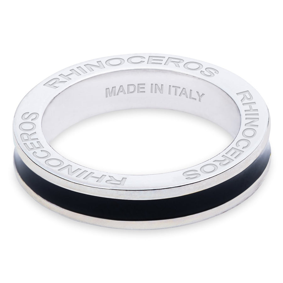 Xtinctio - Hand made in Italy by a 3rd generation Goldsmith, this eco conscious white Bronze and Black enamel ring is engraved with the word "Rhinoceros".  Imbued with the spirit of the endangered Rhinoceros