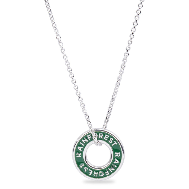 Xtinctio - Necklace This Etruscan pendant is hand made in Italy by a 3rd generation goldsmith and engraved with the word "Rainforest" on green enamel.  The pendant hangs on a sterling silver necklace and represents your commitment to protecting the critically endangered rainforest habitat.