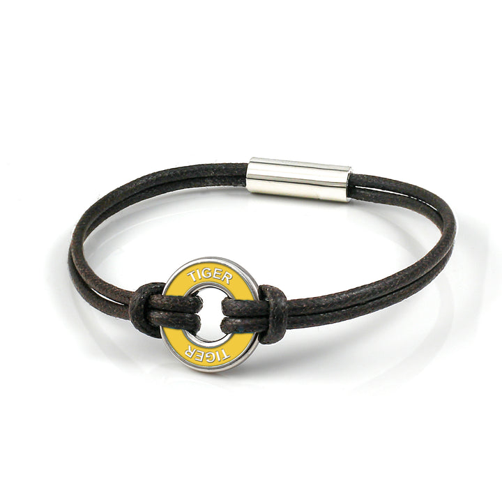 xtinctio - cord bracelet Individually hand forged in Italy from White Bronze and yellow Etruscan Enamel in honor of the critically endangered Tiger.  Eco friendly cotton linen blend waxed cord sourced in Italy. 