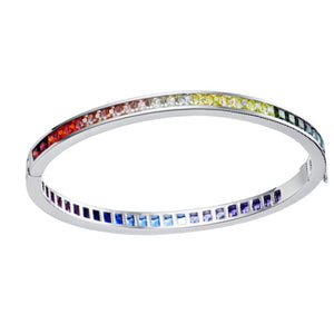 This Rainbow Bangle made in 925 sterling Silver with zirconia emerald cut colorful stones.  Each colour stone represents an endangered species we are partnering to protect creating a rainbow of enduring hope (Black for Rhino, White for Polar Bear, Red/orange for Orangutan, Blue for the Whales, Aqua for the Ocean, Yellow for the tiger, Green for the Rainforest).  50% of all profits are donated to organisations that protect endangered species and their habitats.