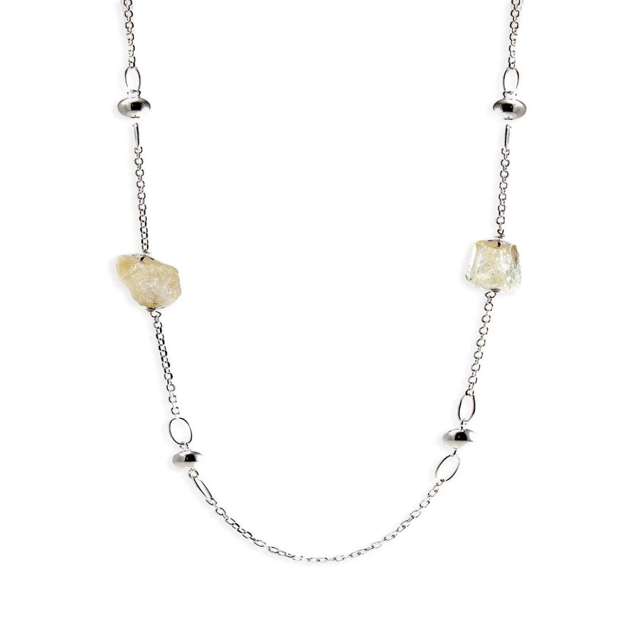 Long Silver Necklace with Raw Citrine Gemstone